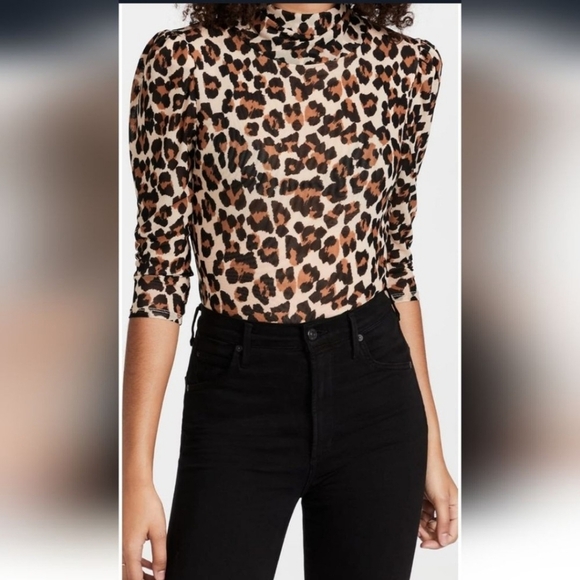 FREE PEOPLE Gather Mesh Turtleneck Leopard Print 3/4 Sleeves Small - Picture 6 of 7